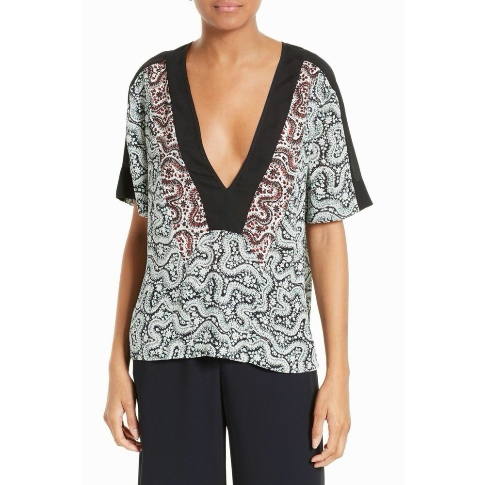 A.L.C.‎ Lilias Plunging 100% Silk Top Blouse Mint Blue Black Floral Print Size 6